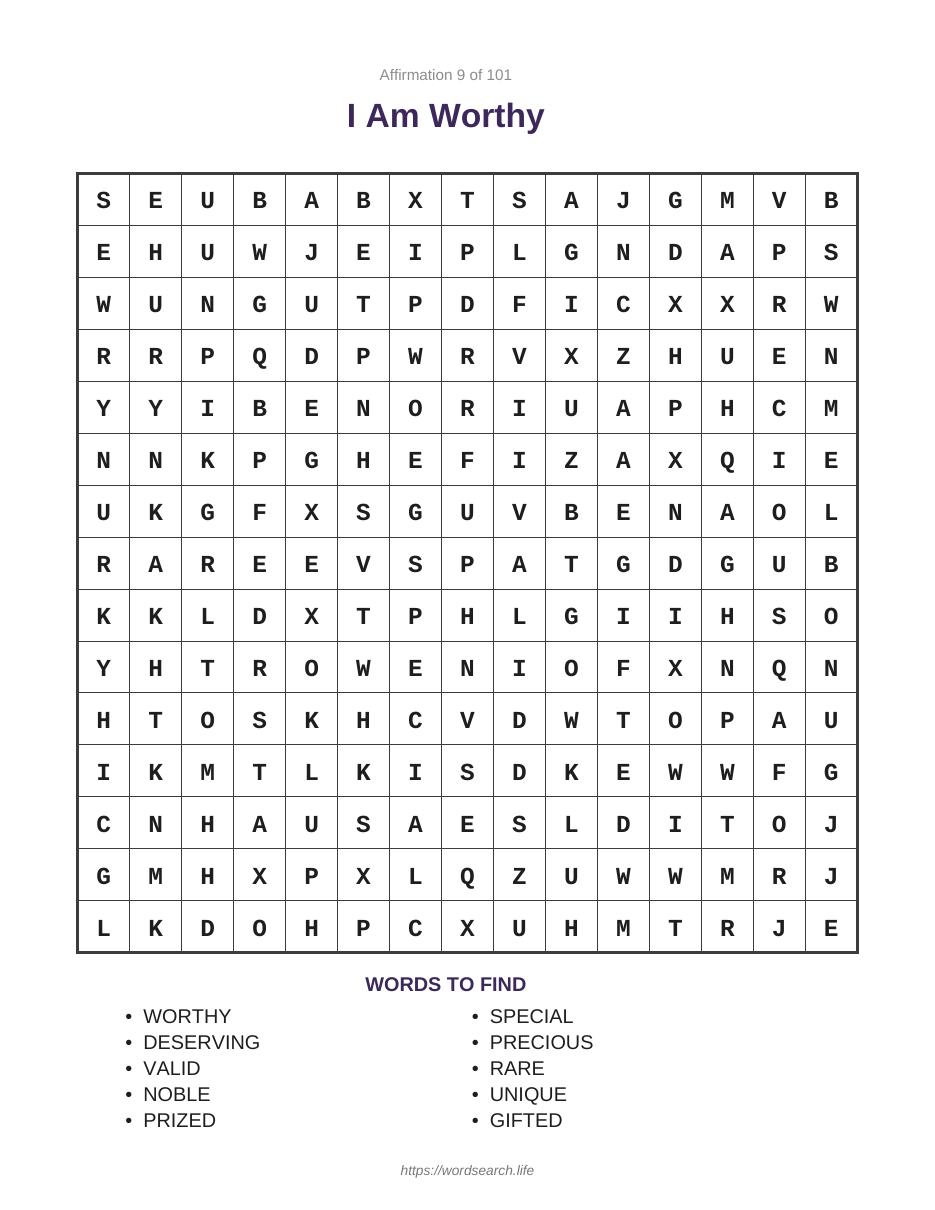 101 Positive Affirmation Word Searches — Sample puzzle — I Am Worthy