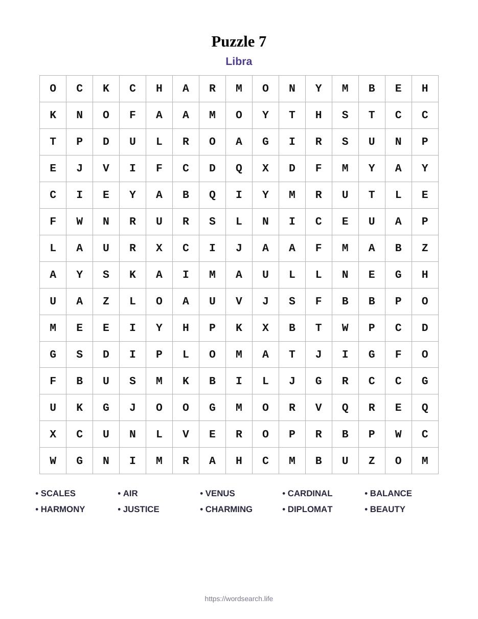 58 Astrology Word Searches — Sample puzzle — Libra