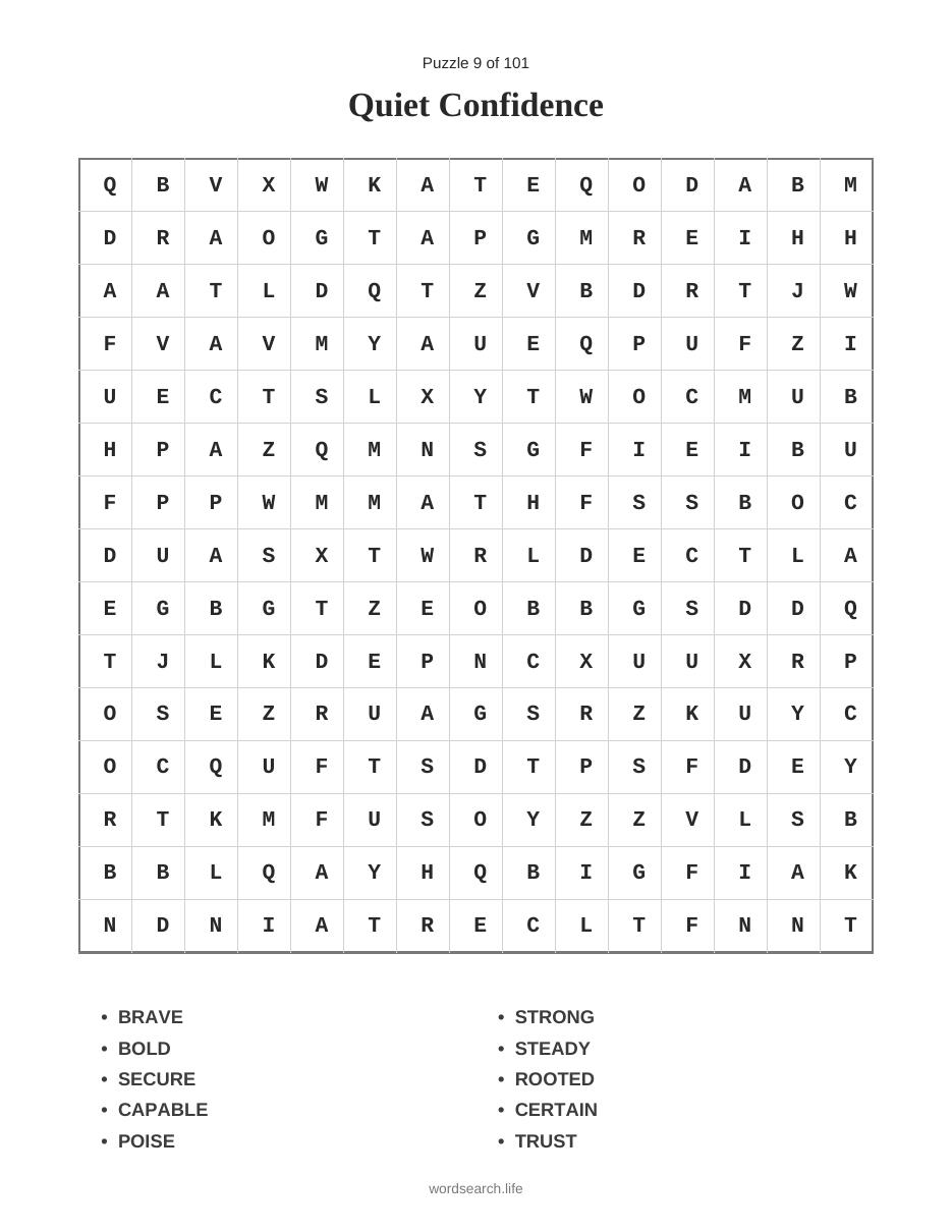 101 Anxiety Relief Word Searches — Sample puzzle — Quiet Confidence