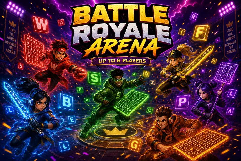 Battle Royale Arena — up to 6 players race in a live word search