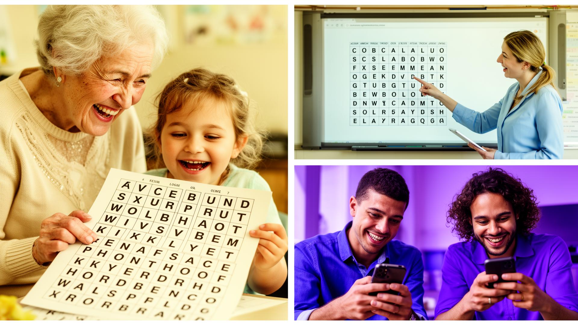 A grandmother and grandchild solving a large-print word search, a teacher leading a classroom puzzle, and two friends competing on phones