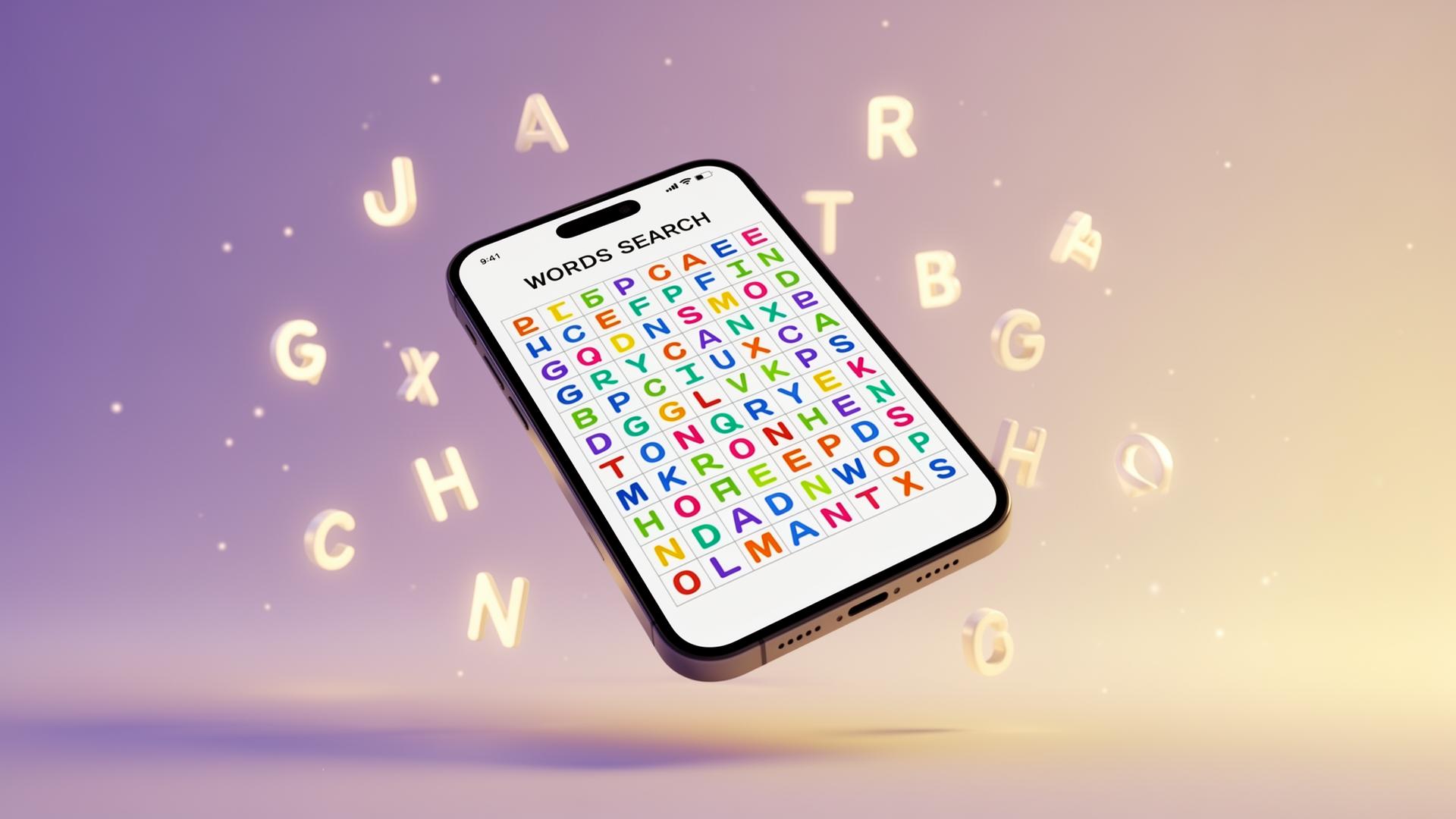 WordSearch.Life on a mobile phone with colorful letters drifting around the screen