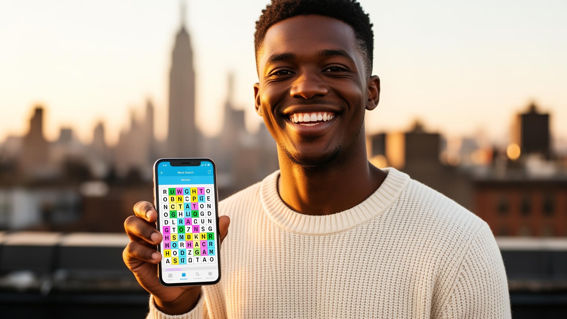 Founder Fredo Mitil holding a phone showing WordSearch.Life, NYC skyline at golden hour